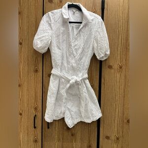 Guess White Eyelet Jumpsuit large collared tie waist